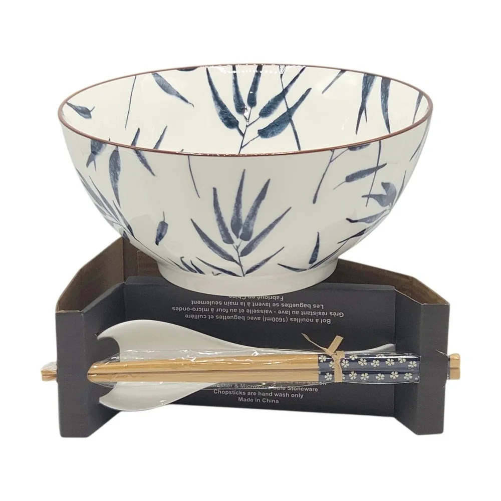 SH Home Blue Bamboo Ceramic Ramen Noodle Bowl 54oz With Chopsticks And Spoon 4pc